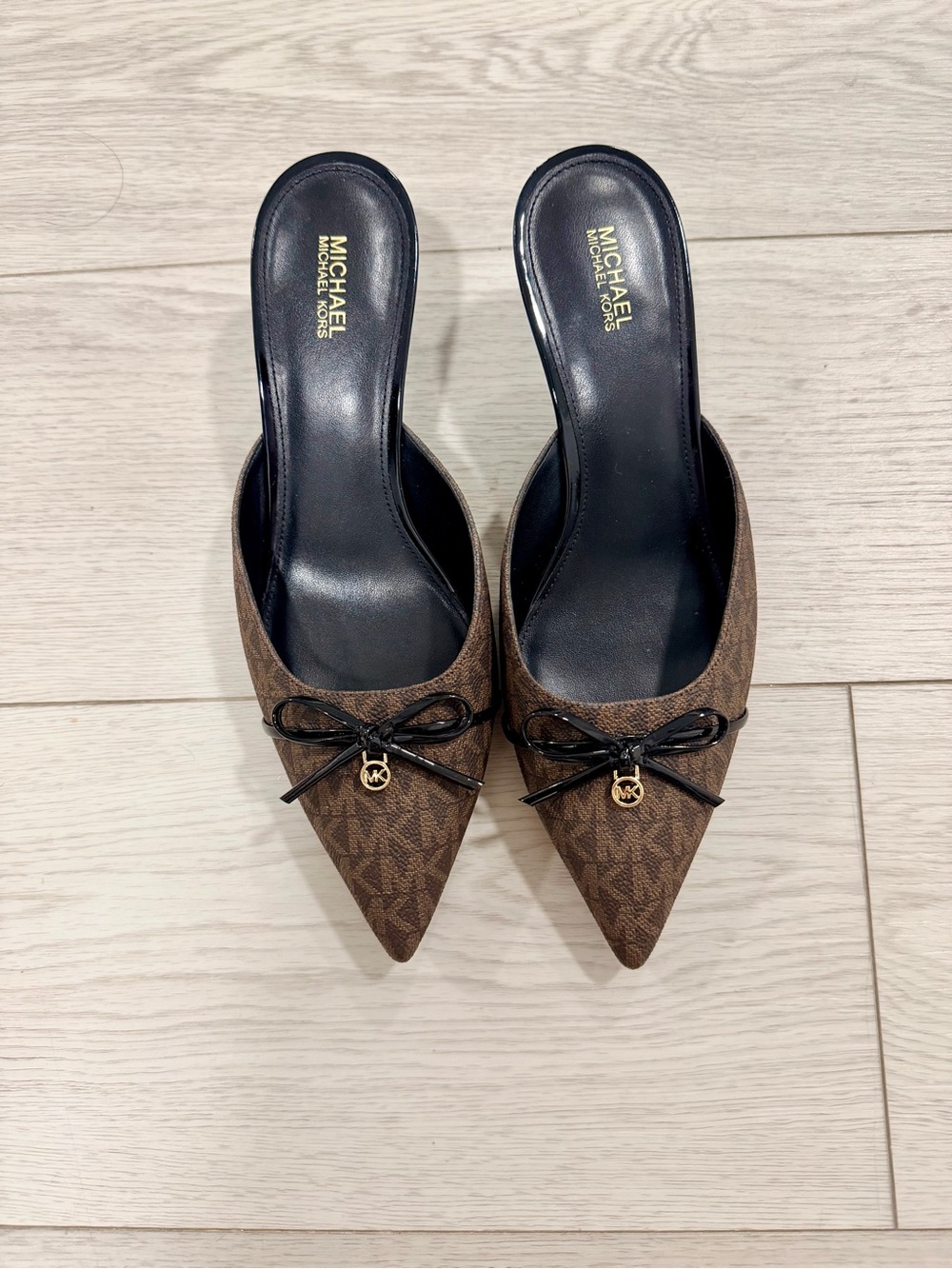 Michael Kors Brown Logo Pointed Toe Mules with Black Bow & Gold MK Charm